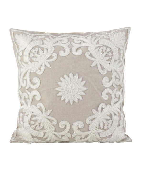 Embroidered Floral Design Beaded Cotton Polyester Filled Throw Pillow, 18