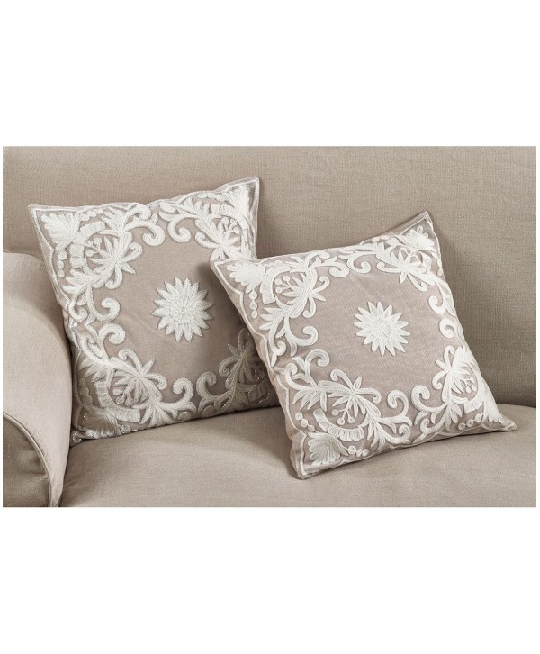 Embroidered Floral Design Beaded Cotton Polyester Filled Throw Pillow, 18