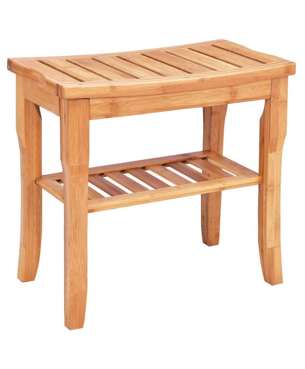 Bamboo Shower Seat Bench Bathroom Spa Bath Organizer Stool with Storage Shelf