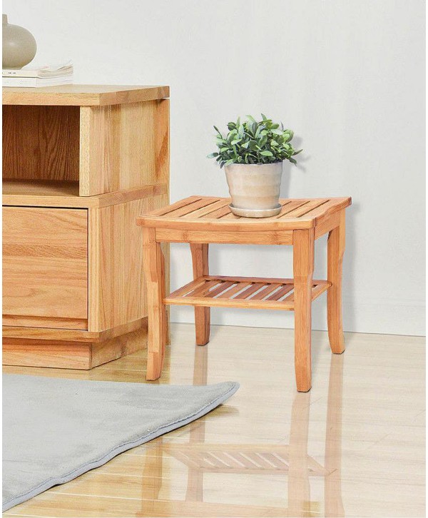 Bamboo Shower Seat Bench Bathroom Spa Bath Organizer Stool with Storage Shelf