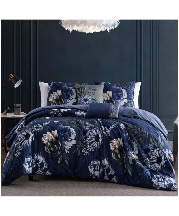 Blue Bedding 100% Cotton 5-Piece King SizeReversible Comforter Set